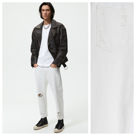 NWT. Zara Men White Tapered Relaxed Fit Ripped Jeans - Picture 1 of 14